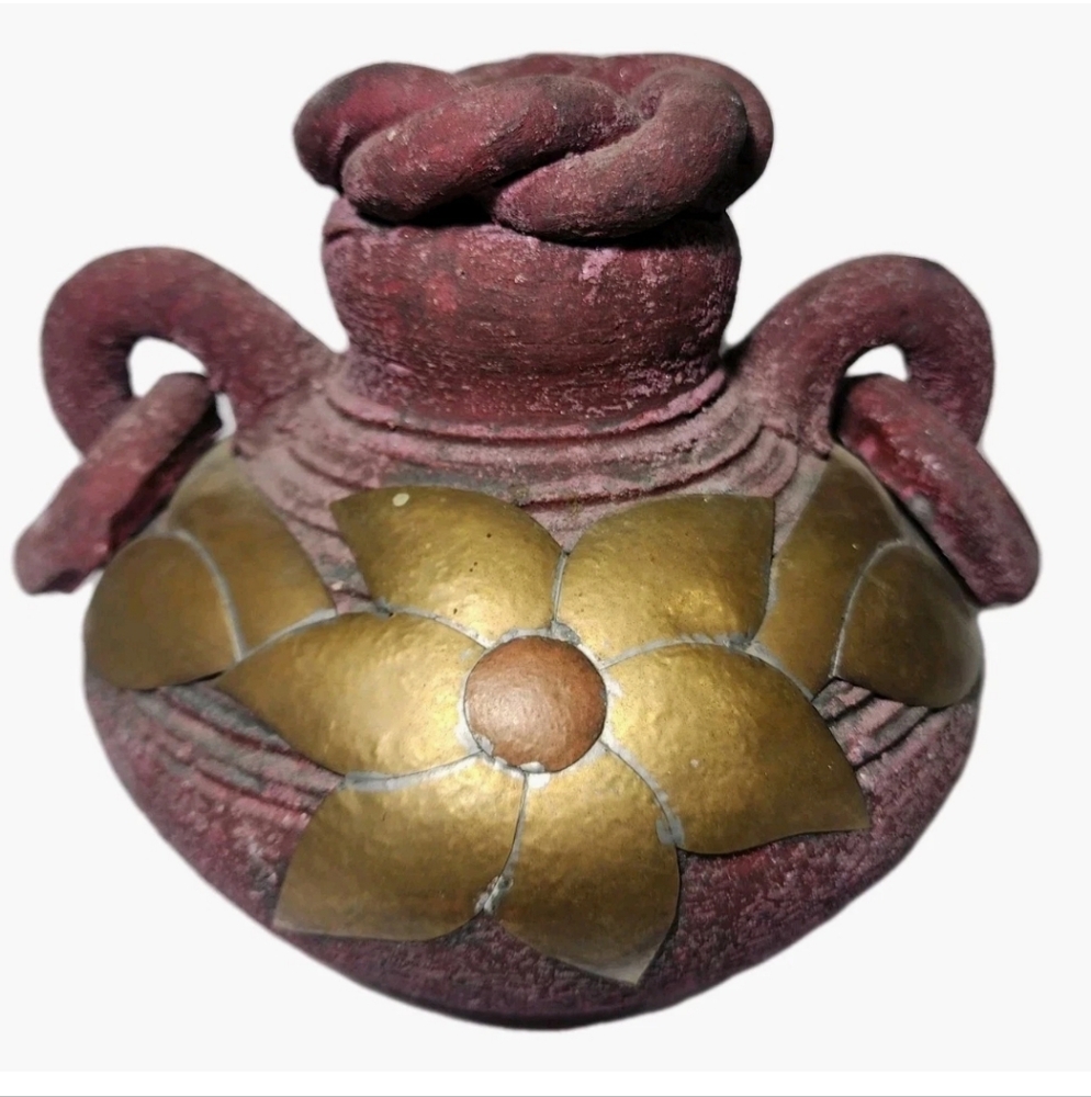 Southwestern Mexican Folk Art Pottery  Handles Vase Brass Metal Flower Purple
